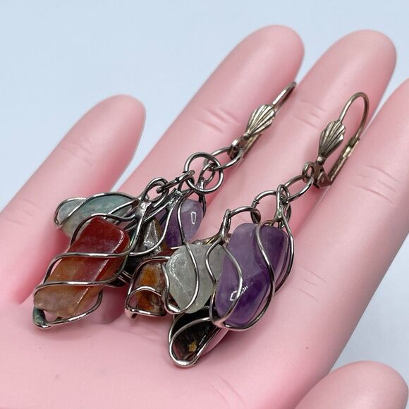 Artisan Wire Wrap Multi Gemstone Dangle Lever Back Earrings Silver Tone Boho - Picture 4 of 6